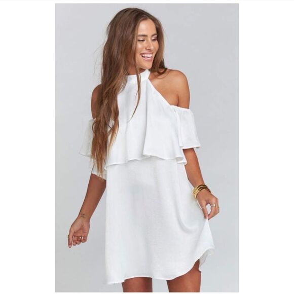 Show Me Your Mumu Solid White Kaitlin  Ruffle Tie Neck Mini Dress - Picture 12 of 12